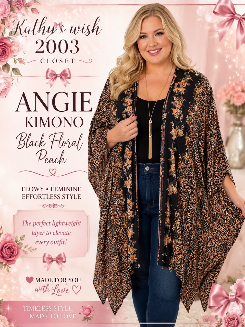 Angie Black Floral Open-Front Duster with Peach Accents